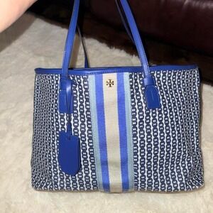 Large Tory Burch Gemni Link Tote Bright Blue Logo Striped Like New Condition